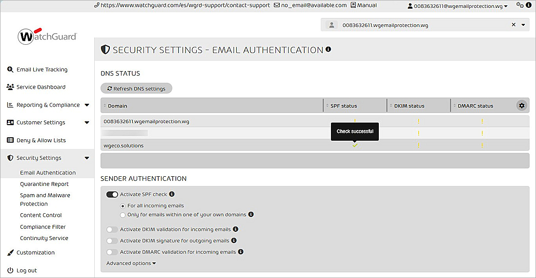 Screenshot of the WatchGuard Email Protection SPF check status